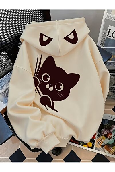 Mella&Co American Vintage New Cartoon Cute Cat Paw Printed Cat Ears Long Slee...