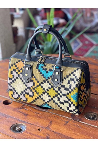 Helloistanbul Vintage Kilim Boston Çanta – El Yapımı Türkiye – Yün & Deri – Ç...