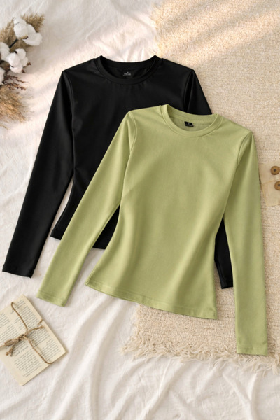 ÖZ PAMUK 2 Pcs Crew Neck Basic Long Sleeve Stretch Fabric Solid Blouse