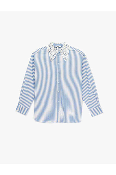 Koton Regular Fit Long Sleeve Lace Collar Striped Poplin Shirt
