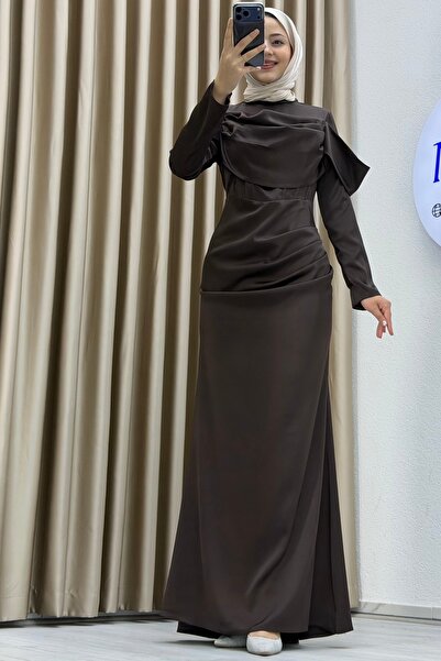 Matik Abiyem Breast Draped Asymmetrical Top Detailed Long Sleeve Mock Neck Slim Fit Silhouette Tall Length Stylish Evening Dress