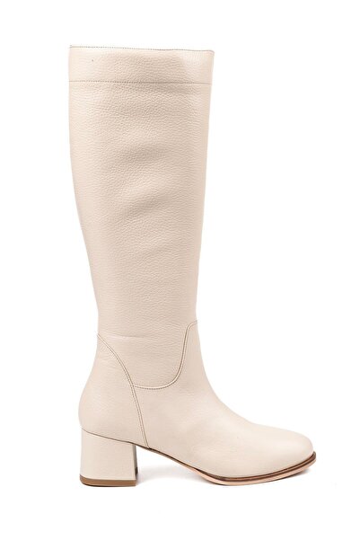 VİVENS MODA Genuine Leather Women's Beige Zippered Mid-Heel Below-The-Knee Stylish Boots