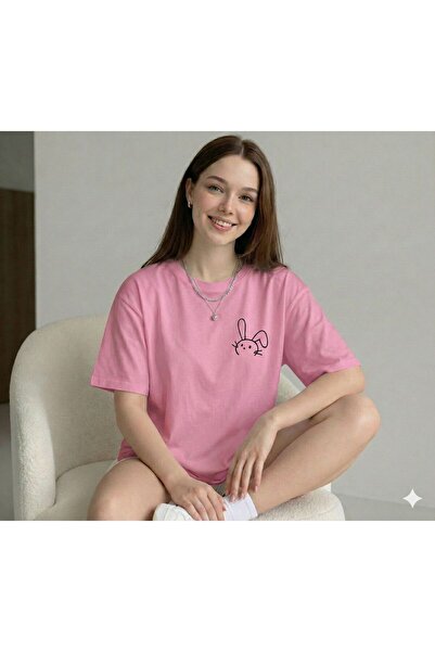 BW Bravely Wear تيشيرت نسائي مطبوع قصة فضفاضة باللون الوردي