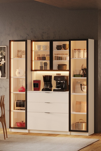 Avmpark Orea Temperli Camlı Kahve Köşesi 2 Boy Dolaplı Airfry Kiler Dolabı Çok Amaçlı Beyaz