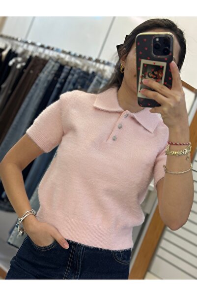 inmuse Stone Button Polo Neck Short Sleeve Knitwear