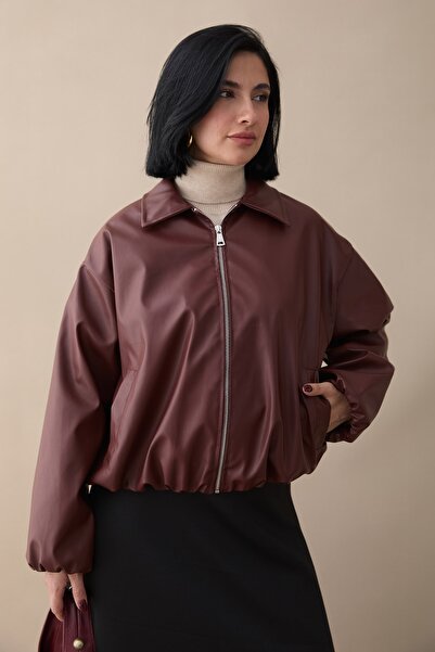 InStyle Short Leather Bomber Burgundy Jacket