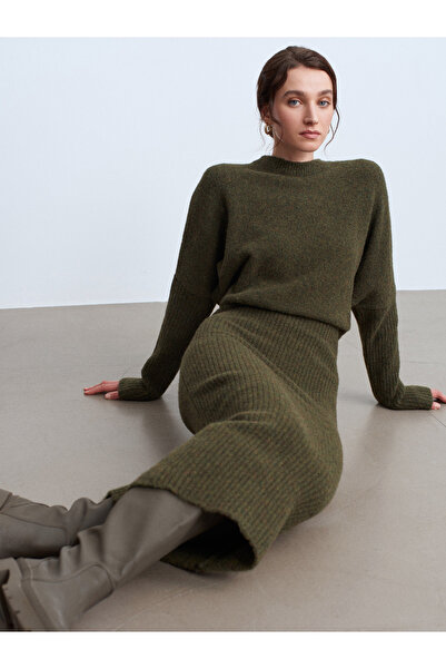 Dilvin 90260 Crew Neck Soft Textured Knitwear Dress-Khaki