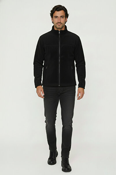 DYNAMO Men's Black Mock Neck Zippered Pockets Relaxed Fit Micro Fleece Cardigan