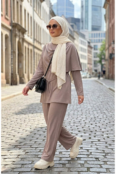 sefamerve Star Detailed Draped Tunic Trousers Double Set 2209-04 Mink