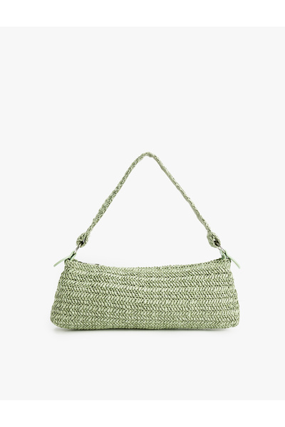 Koton Ψάθινη τσάντα ώμου με φερμουάρ και πλεκτή λεπτομέρεια