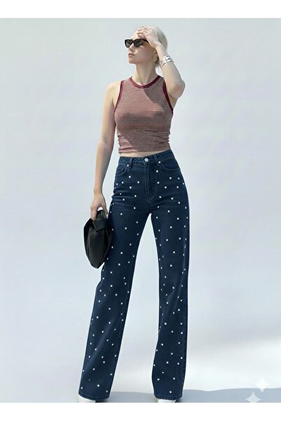 nd jeans Women's Wide Leg High Waist Pearl Stone Detailed Jeans