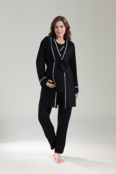 LOHOUSE Women's Black Piped Cotton Double-Breasted Maternity Pajamas Set with...