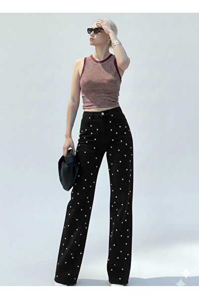 nd jeans Women's Wide Leg High Waist Pearl Stone Detailed Jeans