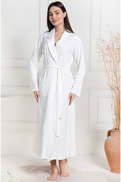 Lohusa Homewear Women's Ecru Special Design Lace Detailed Long Belted Large Size Dressing Gown with Pockets