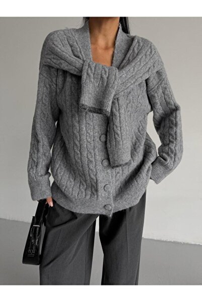 ribana Women's Soft Textured Hair Braid Detailed Buttoned Extra Sleeve Detail Loose Fit Cardigan - 2561