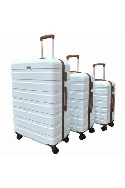 Generic Set of 3 Suitcase Trolley Carry On Luggage Lightweight Durable 4 Spinner Wheels (White/Brown)