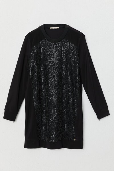 Nihan Büyük Beden Nakış Detaylı Örme Tunik Siyah