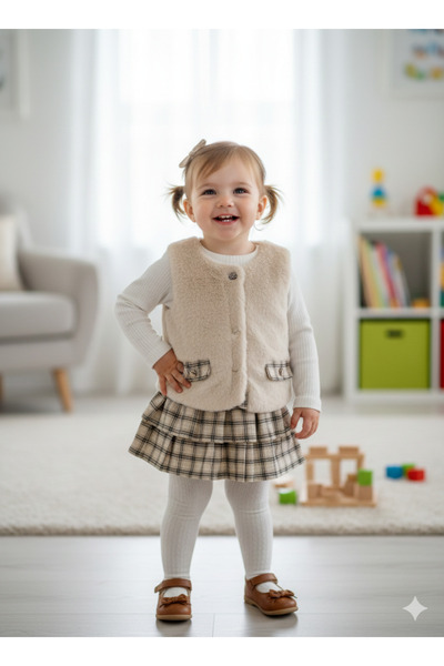 ÖZNUR Kız cocuk Ekose Etekli Yelekli Şık Takım