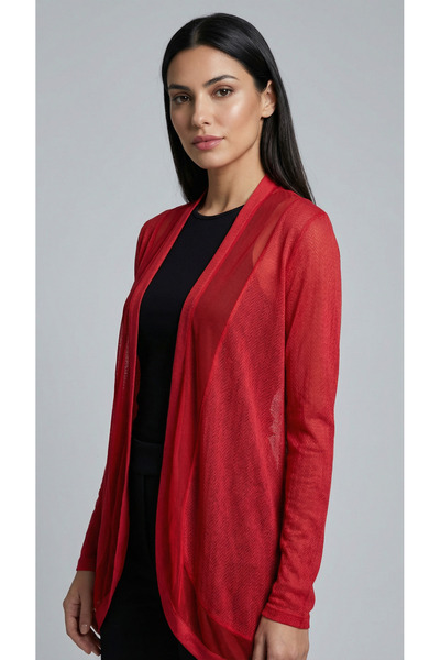 Şiir Women's Tulle Detailed Long Sleeve Jacquard Stretchy Long Cardigan & Hijab Cardigan - Tile