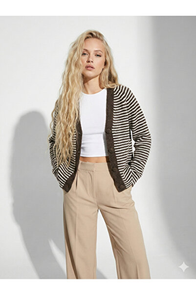 ribana Women's Patterned Soft Cotton Long Sleeve Jacket Look Oversized Pattern Knitwear Cardigan 2598