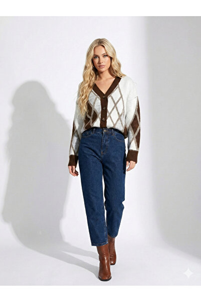 ribana Women's Patterned Soft Cotton Long Sleeve Jacket Look Oversized Pattern Knitwear Cardigan 2598