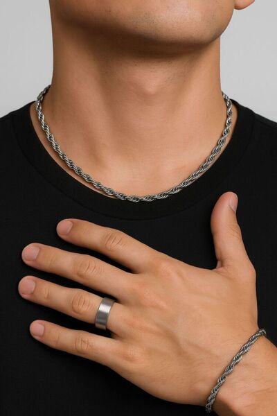 rycollections طقم مجوهرات رجالي من الفولاذ المقاوم للصدأ يتكون من قلادة وخاتم...