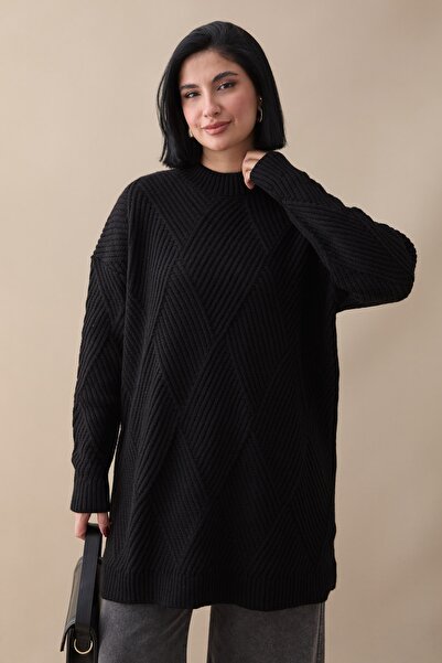 InStyle Embossed Striped Pattern Black Knitwear Tunic