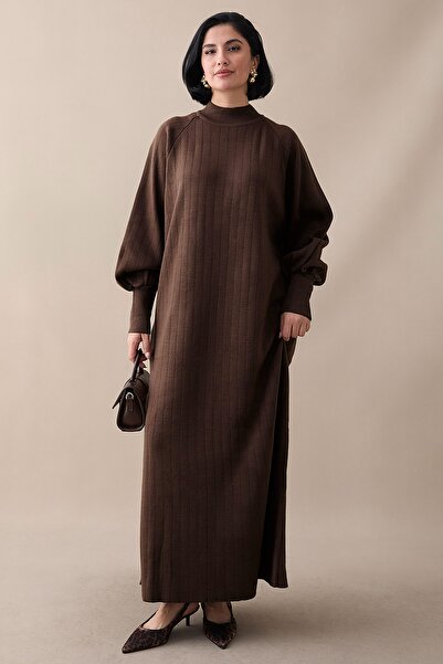 InStyle Long Balloon Sleeve Dark Brown Knit Dress