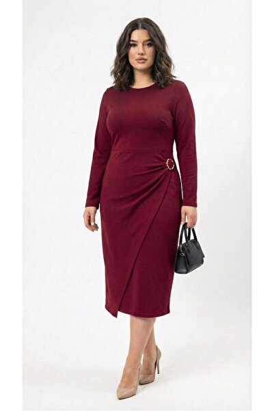 Koza Butik Γυναικείο φόρεμα μεγάλου μεγέθους με μακρύ μανίκι με αγκράφα μπροστά με δύο κλωστές από χτενισμένο βαμβακερό ύφασμα 5430-26