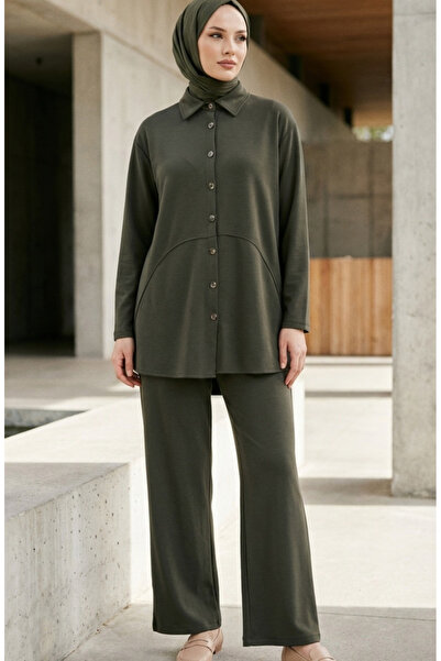 sefamerve Shirt Collar Buttoned Tunic Trousers Two Piece Set 2210-04 Khaki