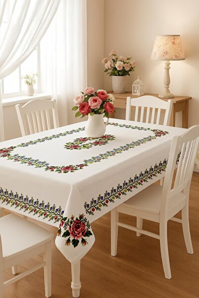 Cardea Home Collection Rose and Leaf Cross Stitch Printed Tablecloth