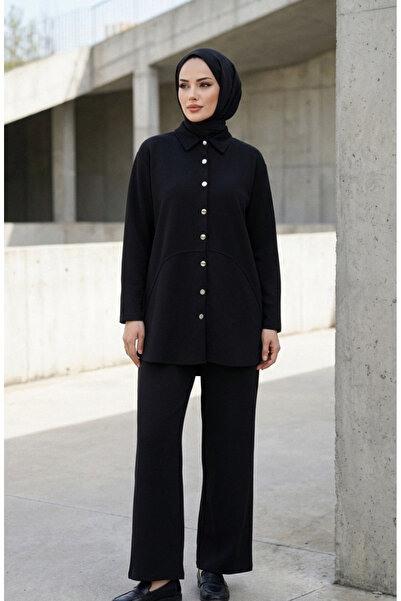 sefamerve Shirt Collar Buttoned Tunic Trousers Double Suit 2210-05 Black