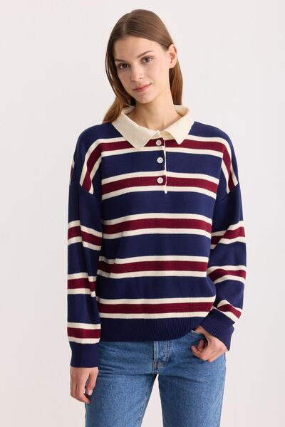 ipekton studio Polo Collar Striped Knit Sweater Navy Blue