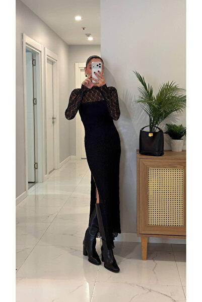 BİRCANÇİL Rochie căptușită cu dantelă neagră Jedro cu detaliu de fante