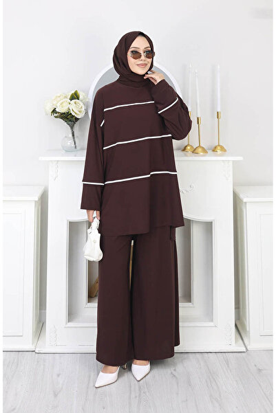 sefamerve Sandy Striped Tunic Pants Double Suit 5800-01 Brown