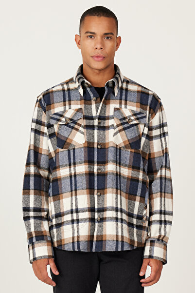 ALTINYILDIZ CLASSICS Brown-Navy Blue Oversized Fit Wide Cut Hidden Button Collar Checkered Shirt Jacket