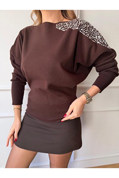 Size Özgü Kahve Omuz Taşlı Triko