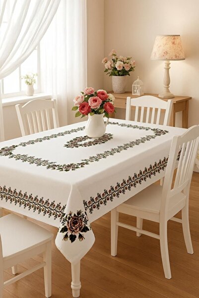 Cardea Home Collection Rose and Leaf Cross Stitch Printed Tablecloth
