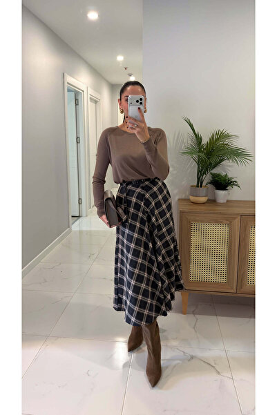 BİRCANÇİL Mosa Gray Plaid Skirt with Belt Detail