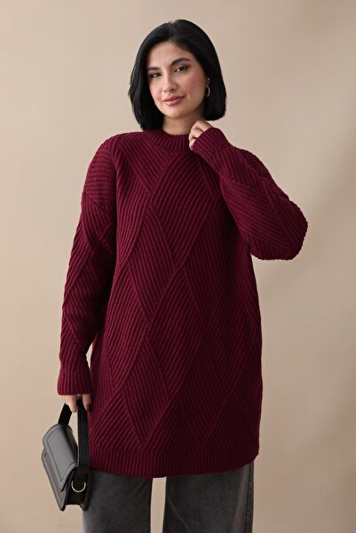 InStyle Embossed Striped Pattern Burgundy Knitwear Tunic