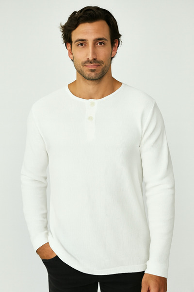 OIL PARK Men's Crew Neck Button Front Waffle Woven Stretchy Cotton Sweatshirt