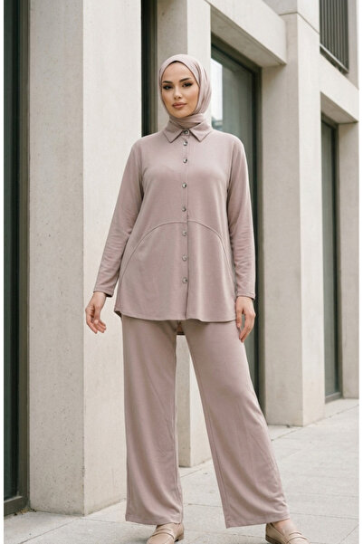 sefamerve Shirt Collar Buttoned Tunic Trousers Two Piece Set 2210-03 Mink
