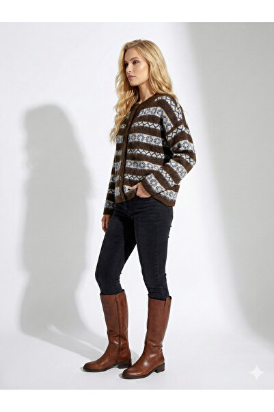 ribana Women's Patterned Soft Cotton Long Sleeve Jacket Look Oversized Pattern Knitwear Cardigan 2598