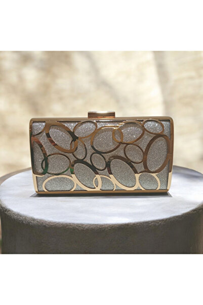 Butik Metal Gold Case Silver Sand Glitter Fabric Evening Bag