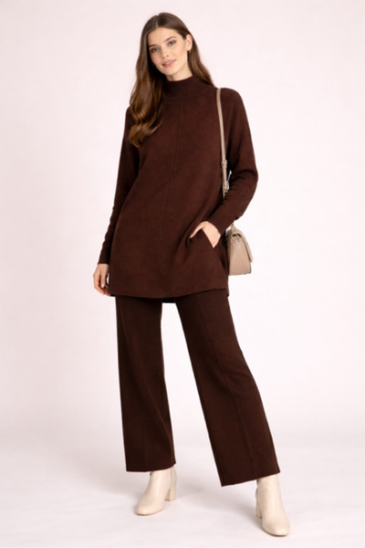 RTD&VLD Kadın Vita-165 Reina Tunikli Triko Pantolon Takım Kahverengi