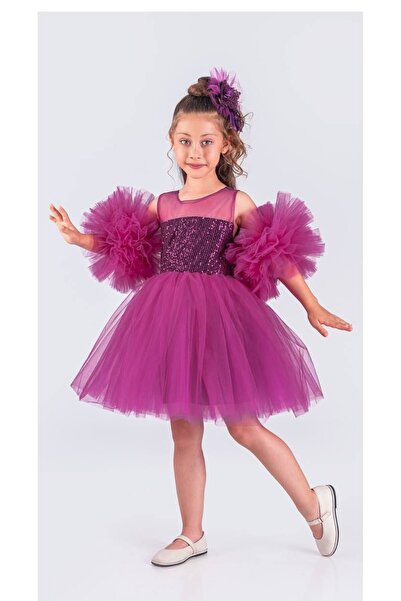 Lily and Co فستان سهرة للفتيات بأكمام بومبوم مزين بالترتر والتول