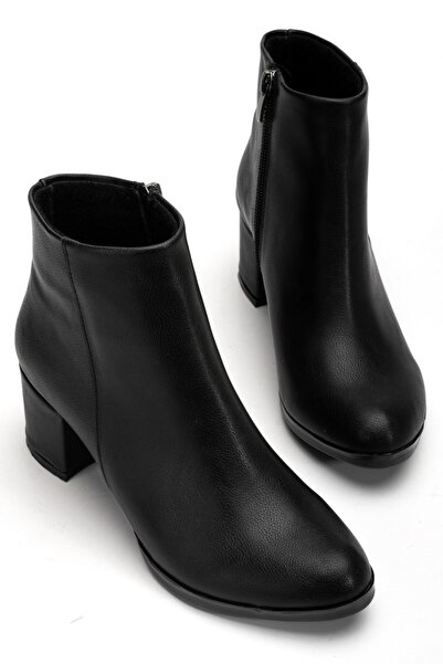 GİZZAH Siyah Cilt Kadın Ökçeli Düz Yuvarlak Bot