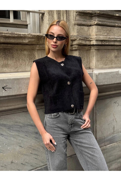 Cool & Sexy سترة نسائية سوداء بأزرار وتفاصيل جيب