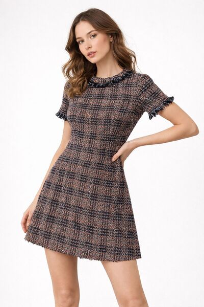 MG GİYİM STORE Women's Short Sleeve Tweed Mini Dress