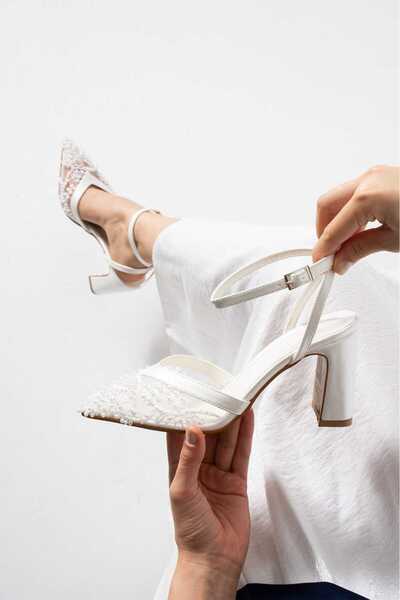 Roshin Shoes Stiletto New Season Mesh Bead Knitted White Skin Heel Height 9 cm Thick Heel